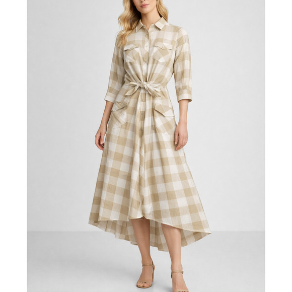 Sara Roka Dresses & Skirts - Sara Roka Drake Belted Dress‎ Womens 40 Beige Linen Gingham Shirt Midi Cottage